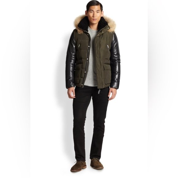 Mackage Gavin Army Green Down Coat with Leather Sleeves and Fur Hood - Picture 1 of 13